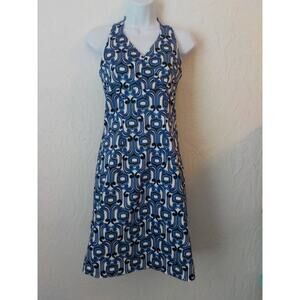 Caramely Backless Halter Dress Blue White Geometric Zip Up Women size 3/4 Canada